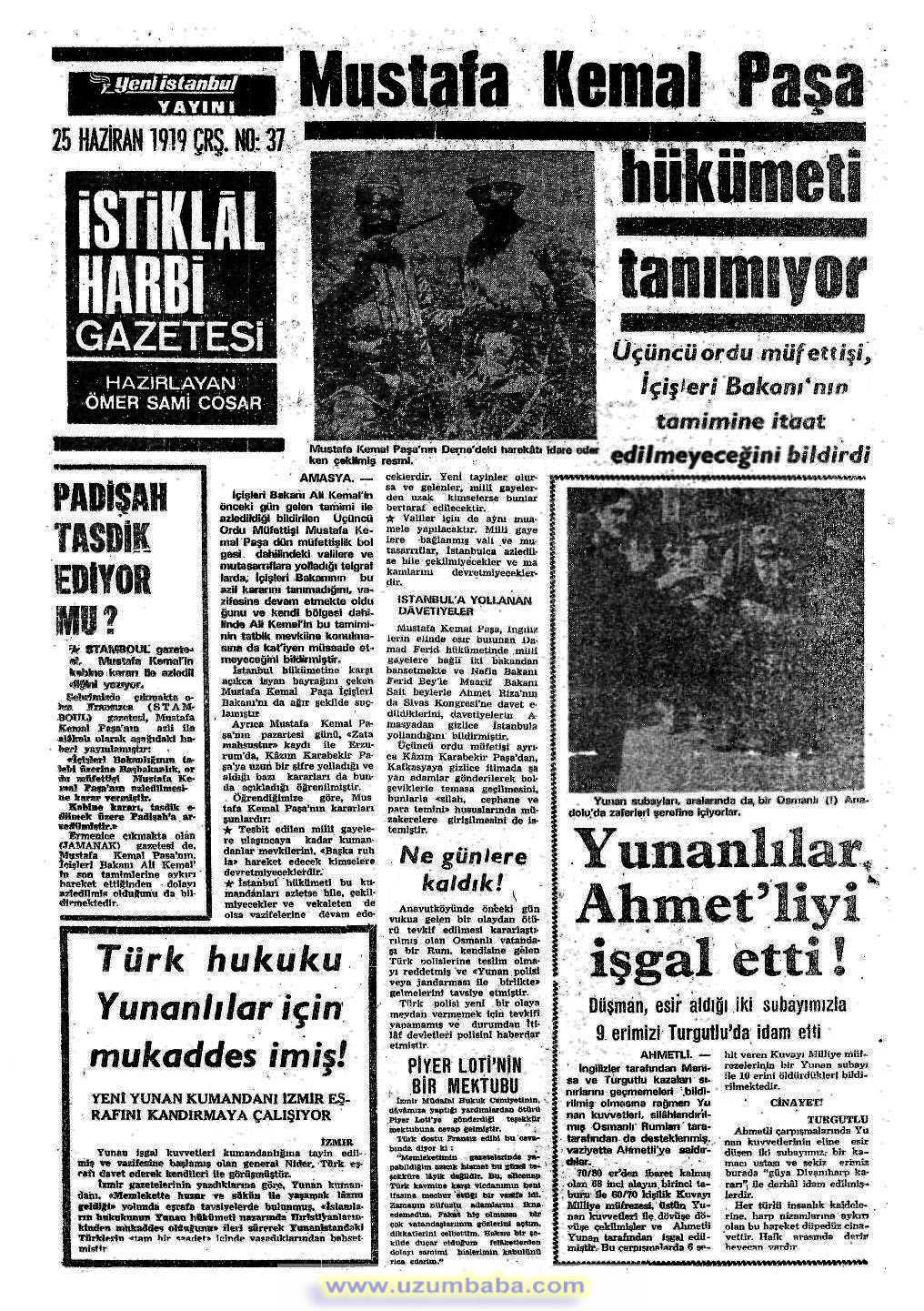 istiklal harbi gazetesi 25 haziran 1919