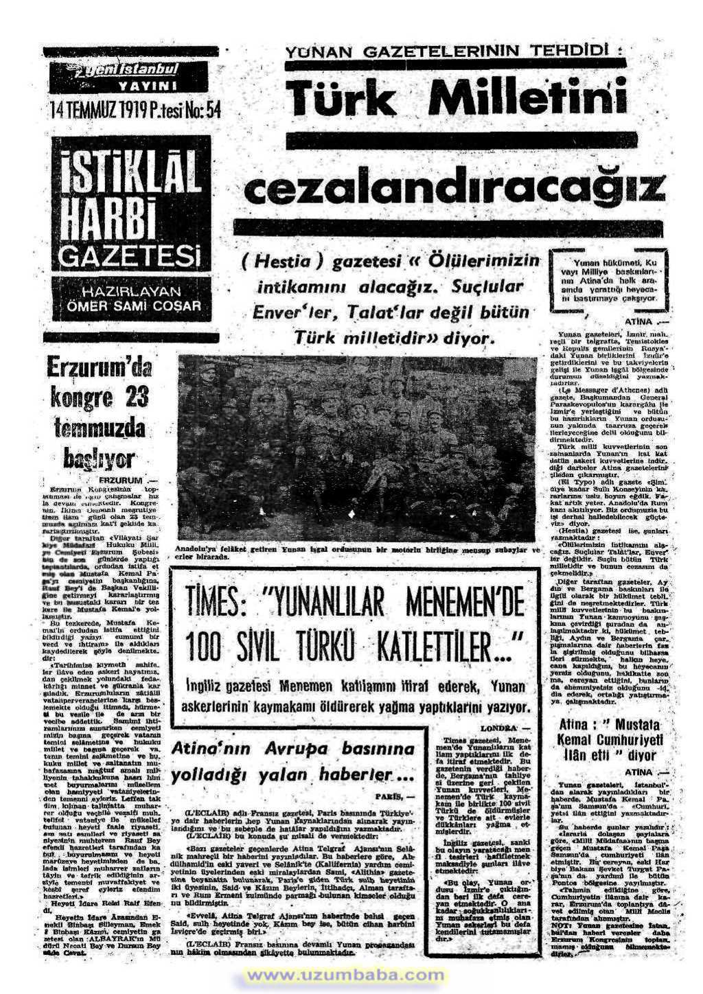 istiklal harbi gazetesi 14 temmuz 1919