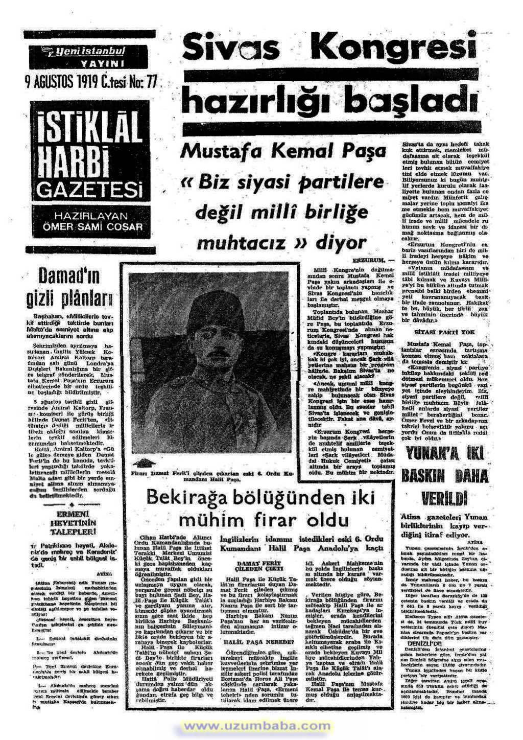 istiklal harbi gazetesi 9 ağustos 1919