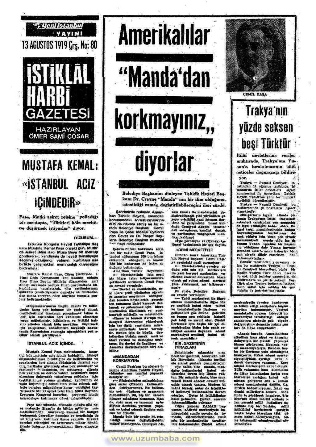 istiklal harbi gazetesi 13 ağustos 1919