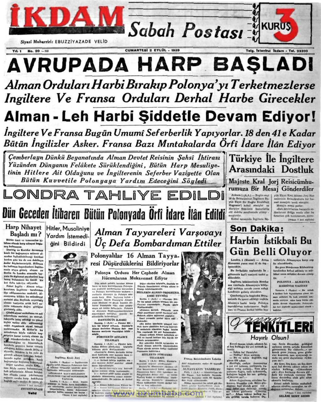 ikdam gazetesi 3 eylül 1939