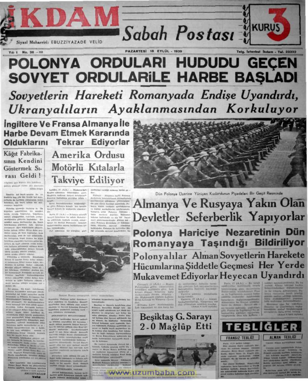 ikdam gazetesi 18 eylül 1939