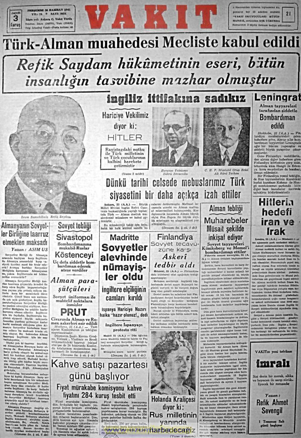 vakit gazetesi 26 haziran 1941