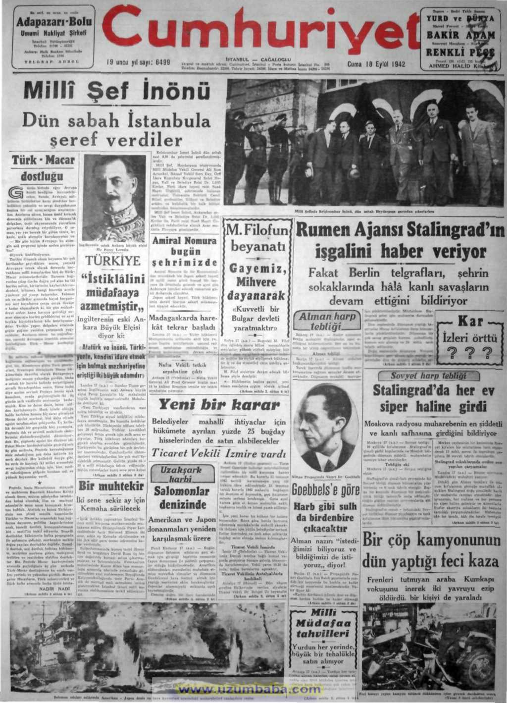 cumhuriyet gazetesi 18 eylül 1942