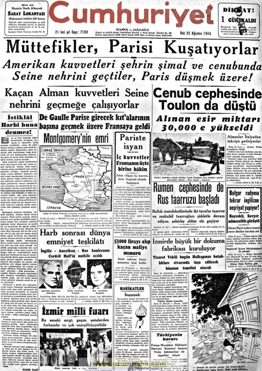 cumhuriyet gazetesi 22 ağustos 1944