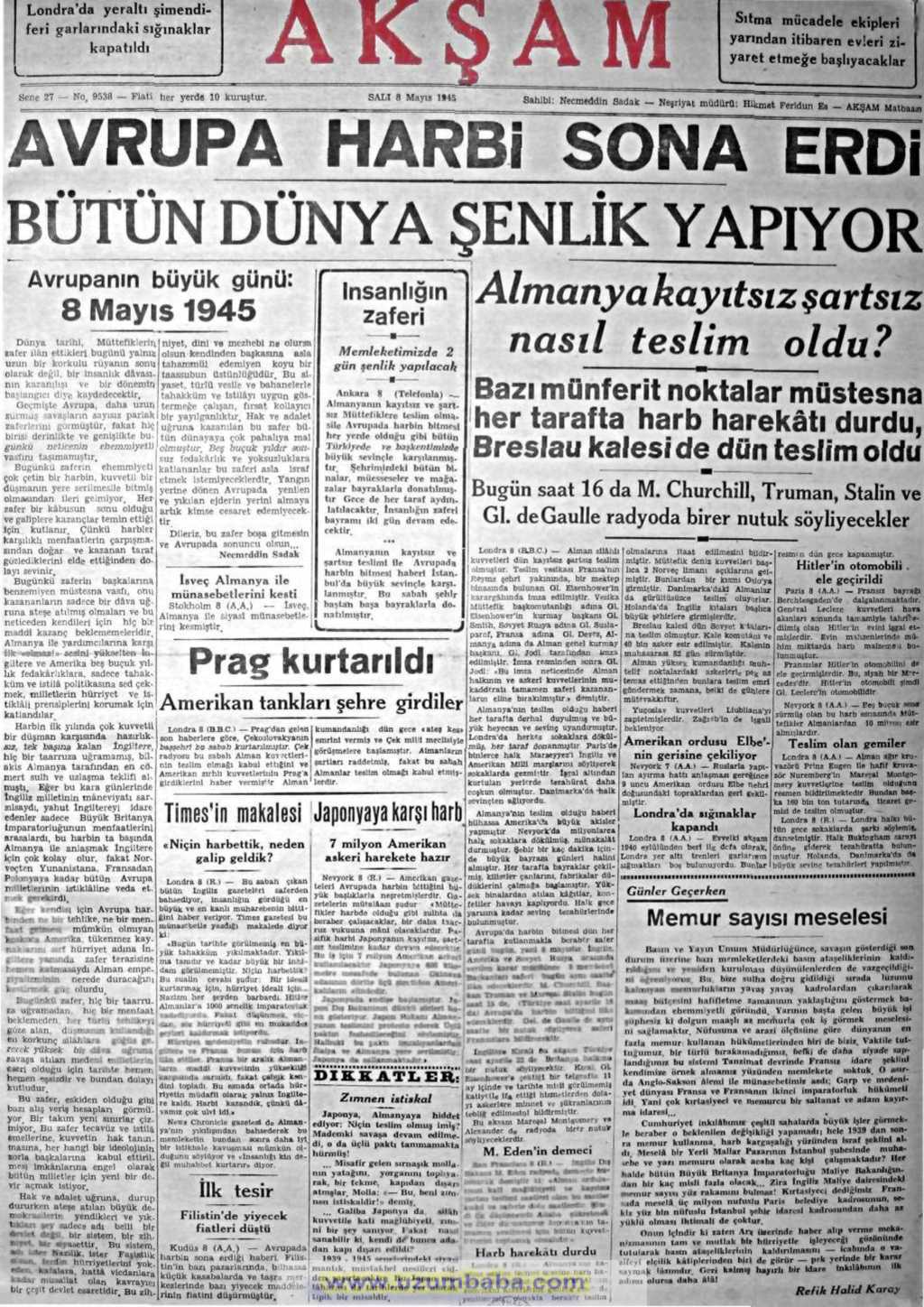 akşam gazetesi 8 mayıs 1945