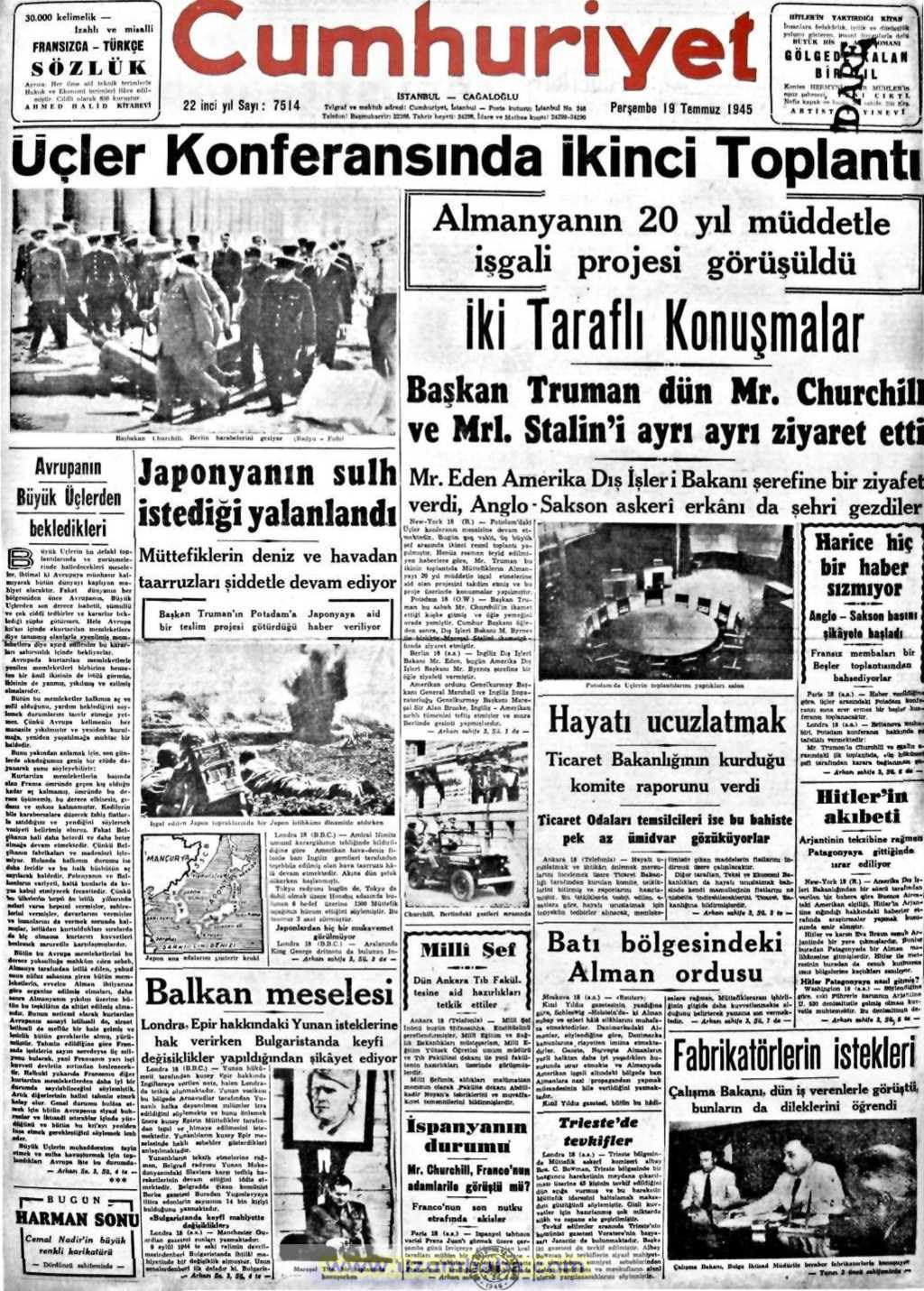 cumhuriyet gazetesi 9 temmuz 1945