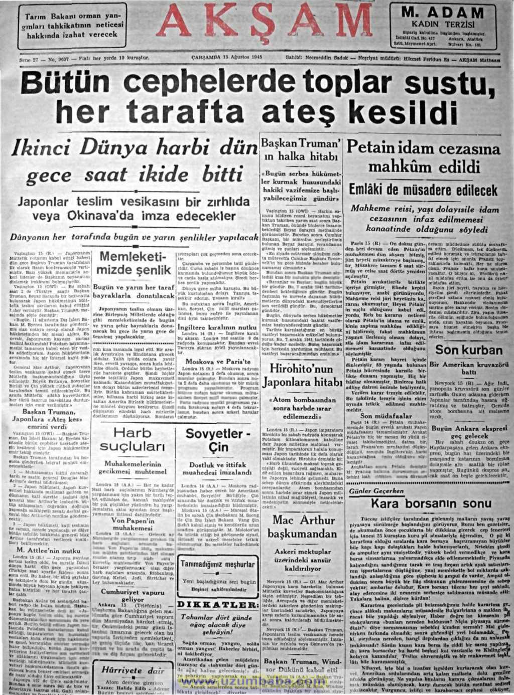 akşam gazetesi 15 ağustos 1945