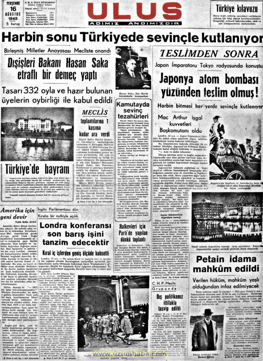 ulus gazetesi 16 ağustos 1945