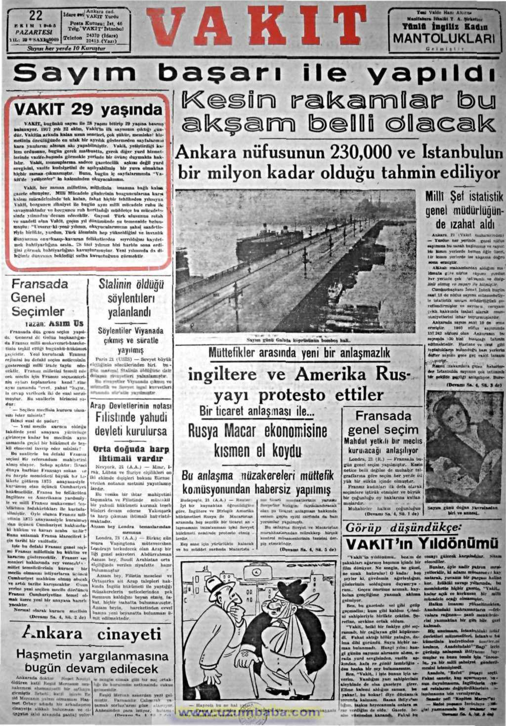 vakit gazetesi 22 ekim 1945