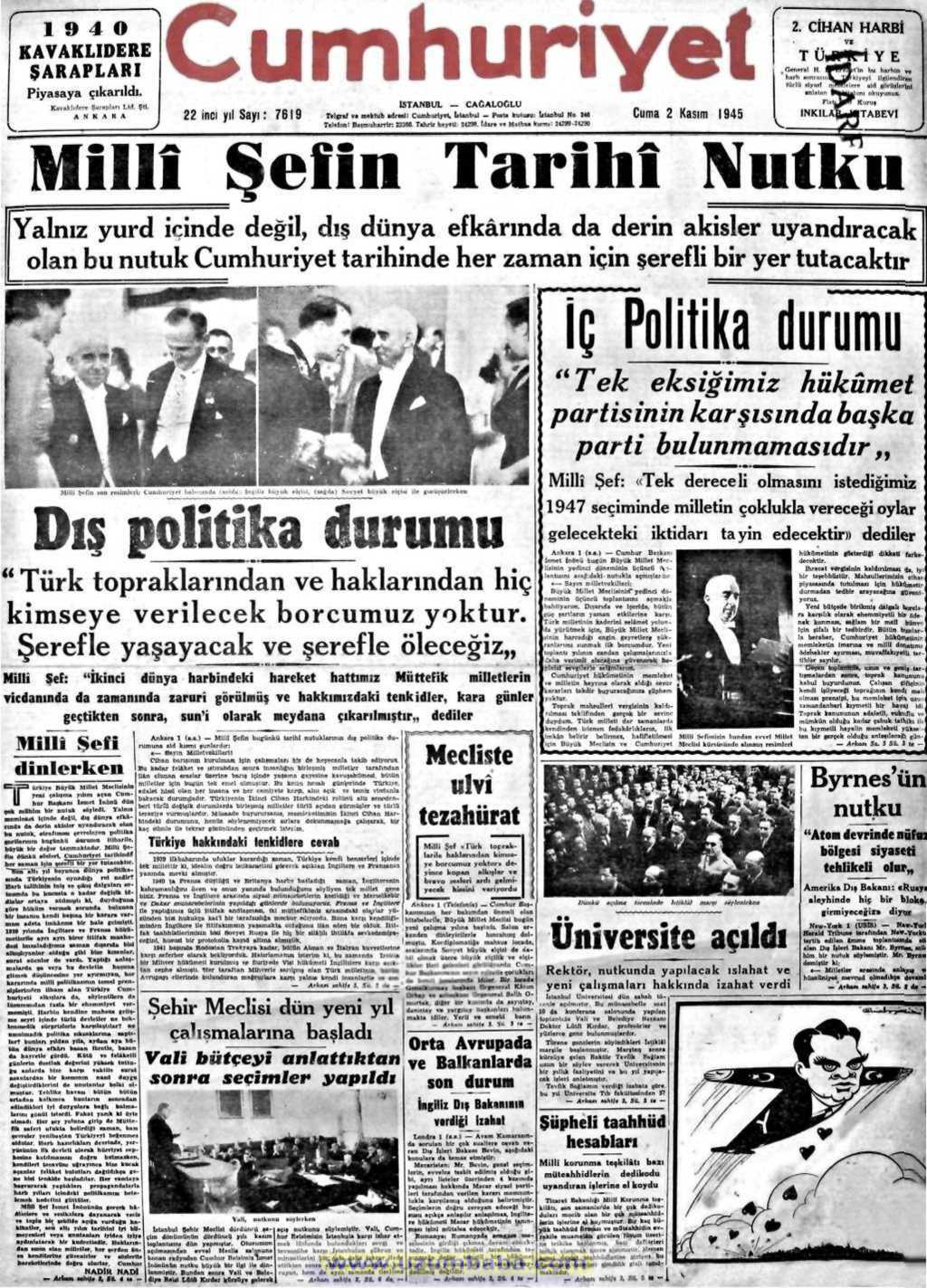 cumhuriyet gazetesi 2 kasım 1945