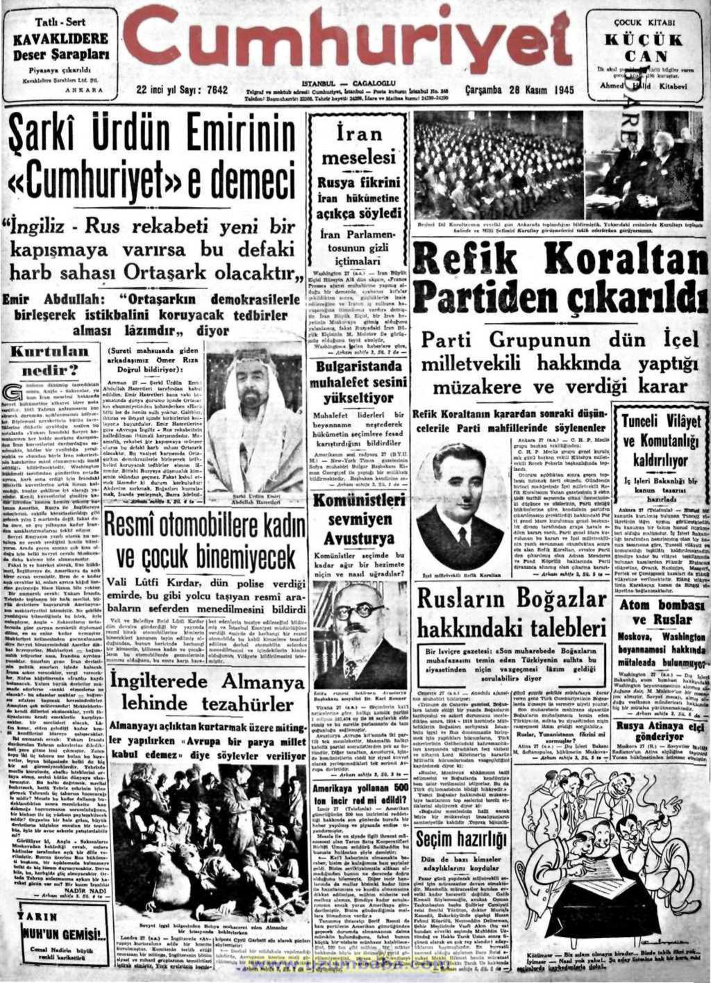 cumhuriyet gazetesi 28 kasım 1945