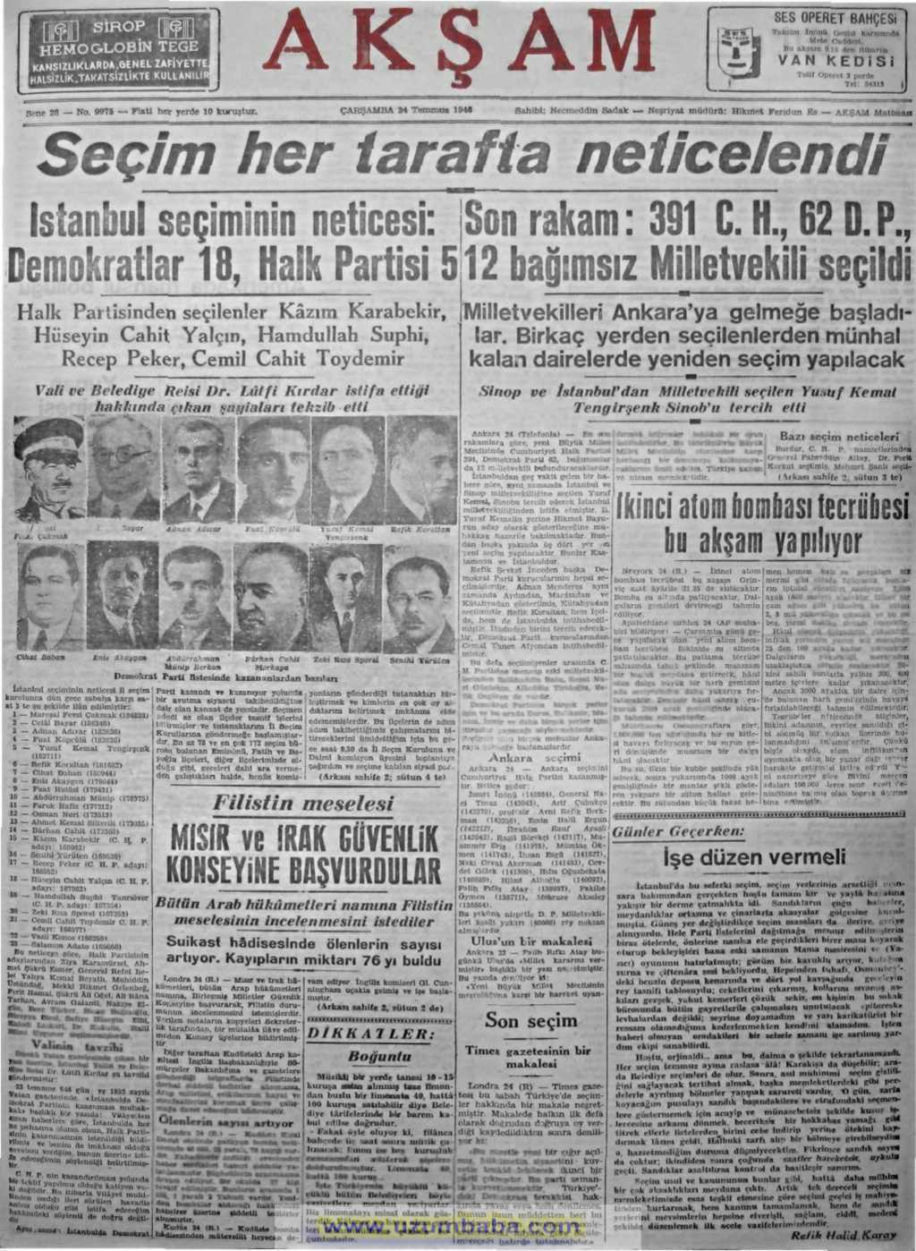 Akşam gazetesi 24 temmuz 1946