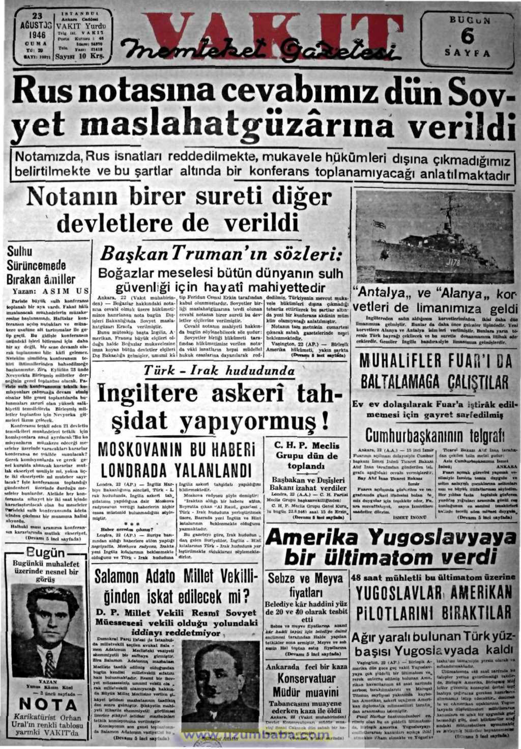 Vakit gazetesi 23 ağustos 1946