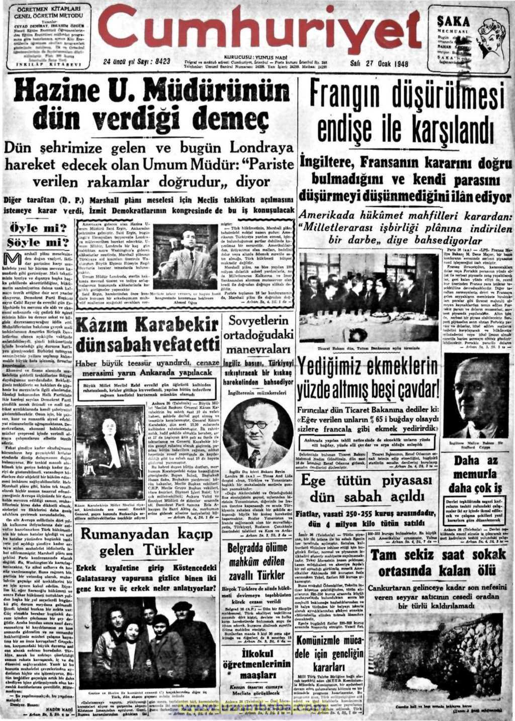 Cumhuriyet gazetesi 27 ocak 1948