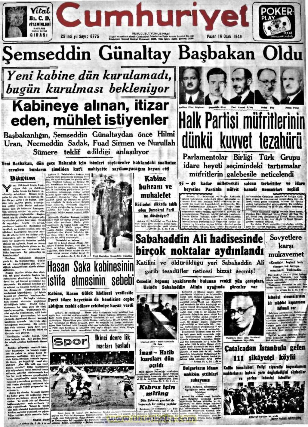 Cumhuriyet gazetesi 16 ocak 1949