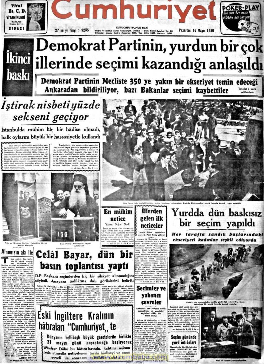 Cumhuriyet gazetesi 15 mayıs 1950