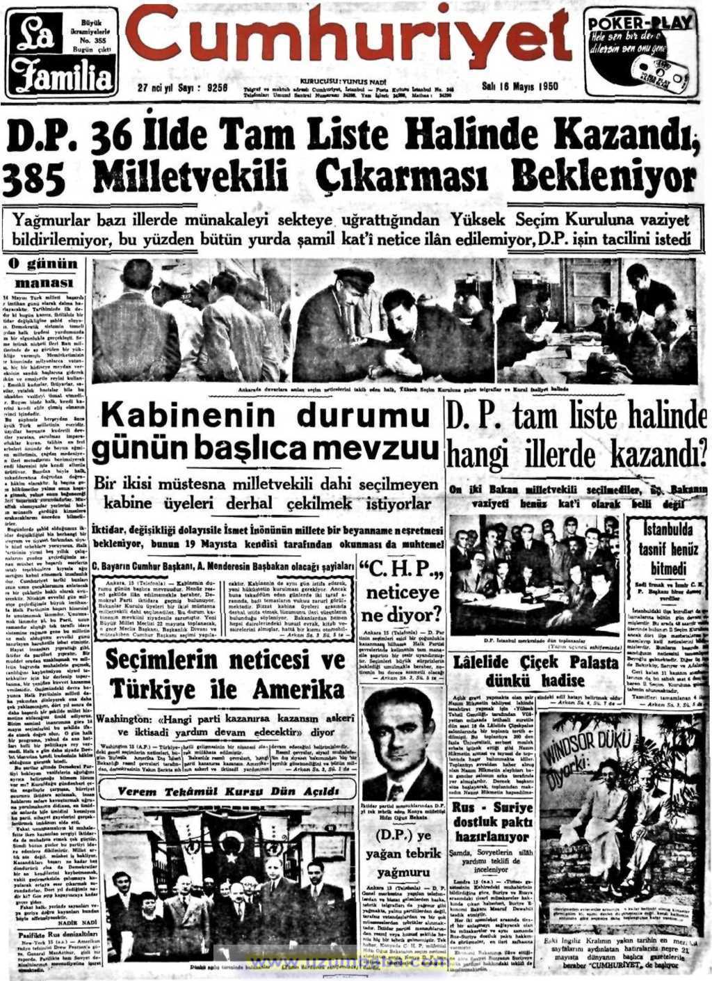 Cumhuriyet gazetesi 16 mayıs 1950