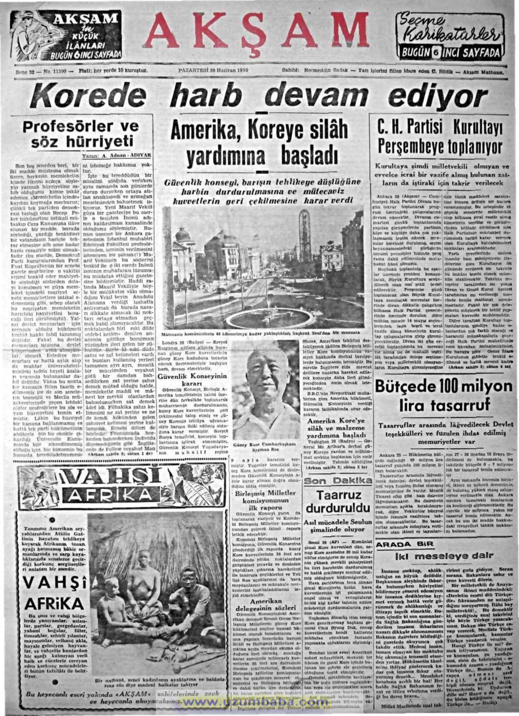 Akşam gazetesi 26 haziran 1950