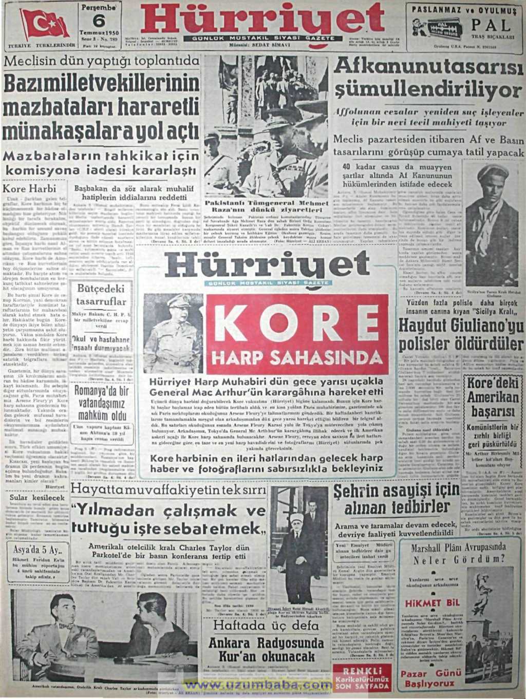 Hürriyet gazetesi 6 temmuz 1950