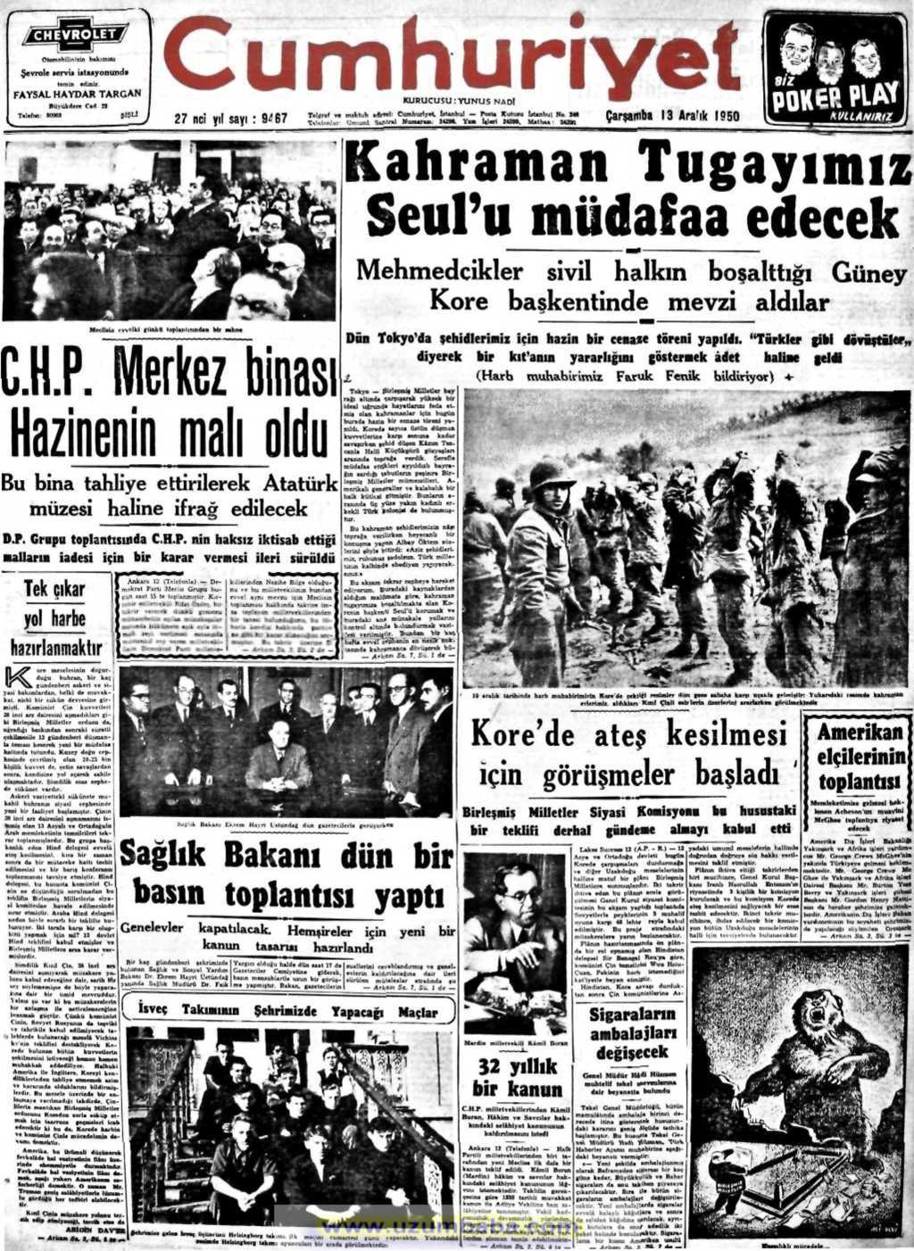 Cumhuriyet gazetesi 13 aralık 1950