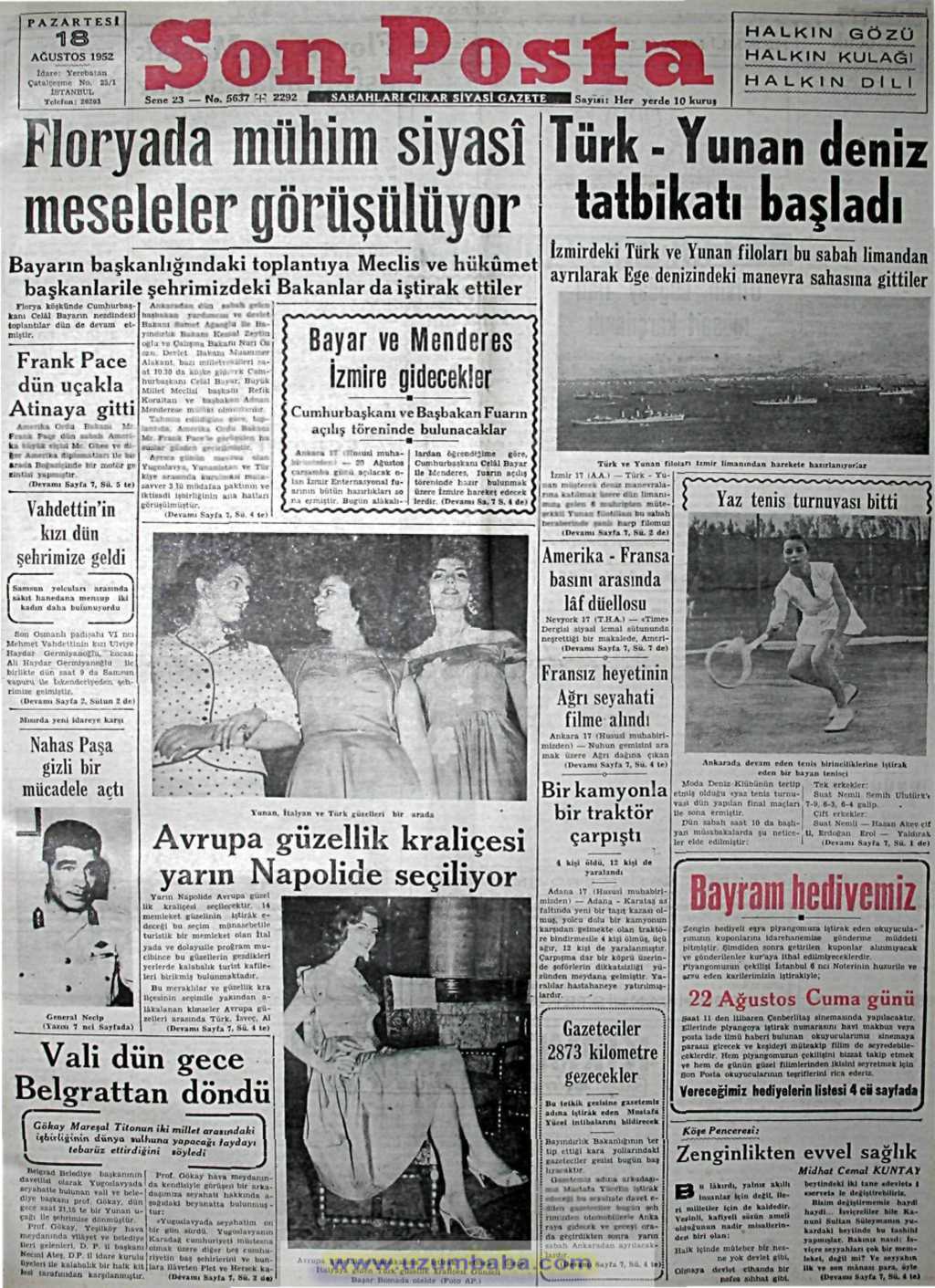 Son Posta gazetesi 18 ağustos 1952