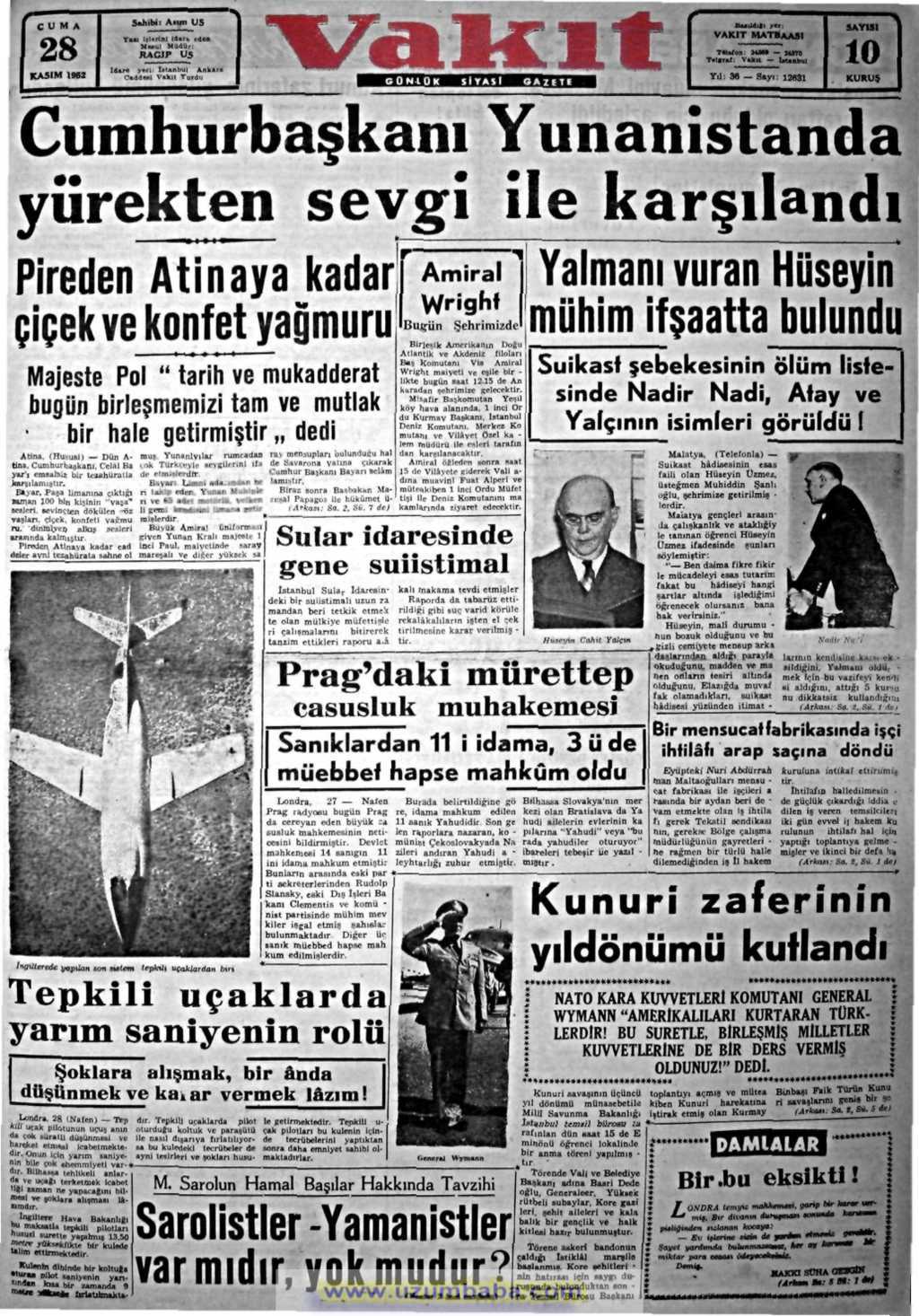 Vakit gazetesi 28 kasım 1952