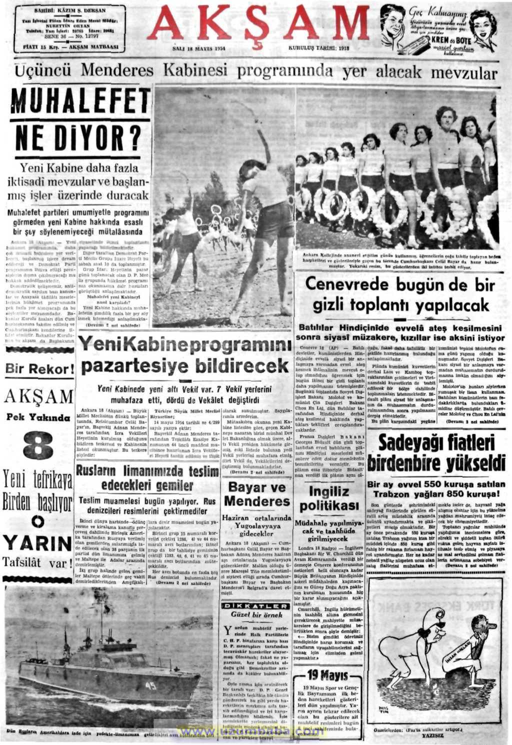 Akşam gazetesi 18 mayıs 1954