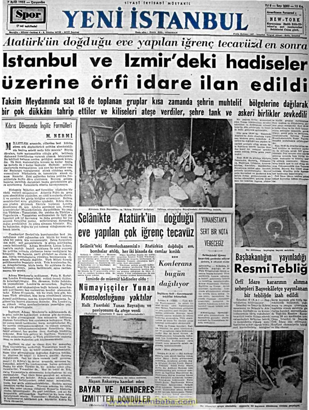 Yeni İstanbul gazetesi 7 eylül 1955