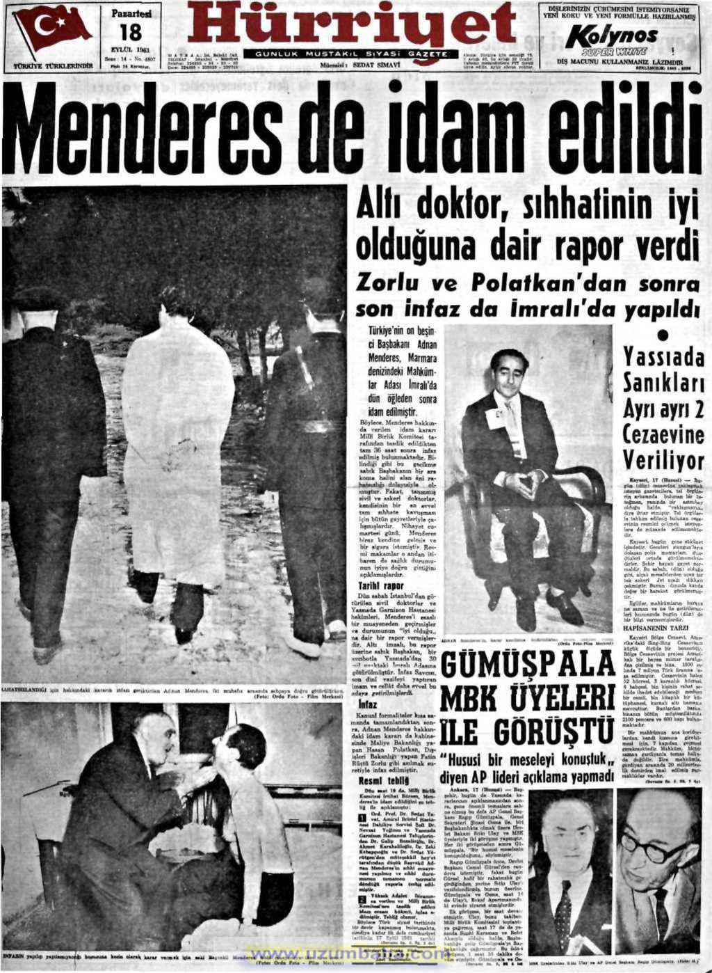 Hürriyet gazetesi 18 eylül 1961