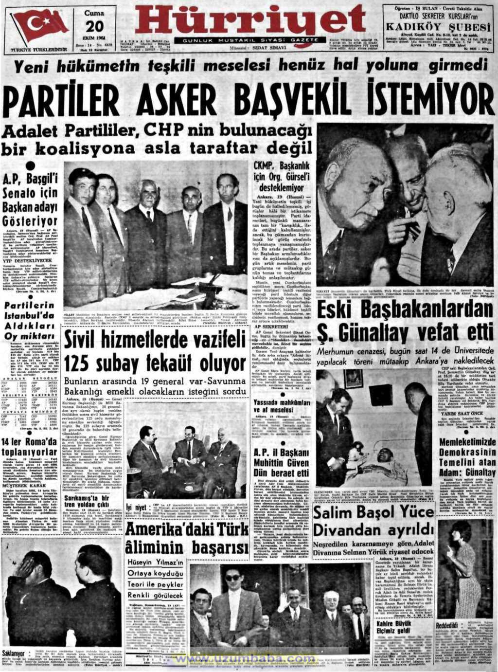 Hürriyet gazetesi 20 ekim 1961