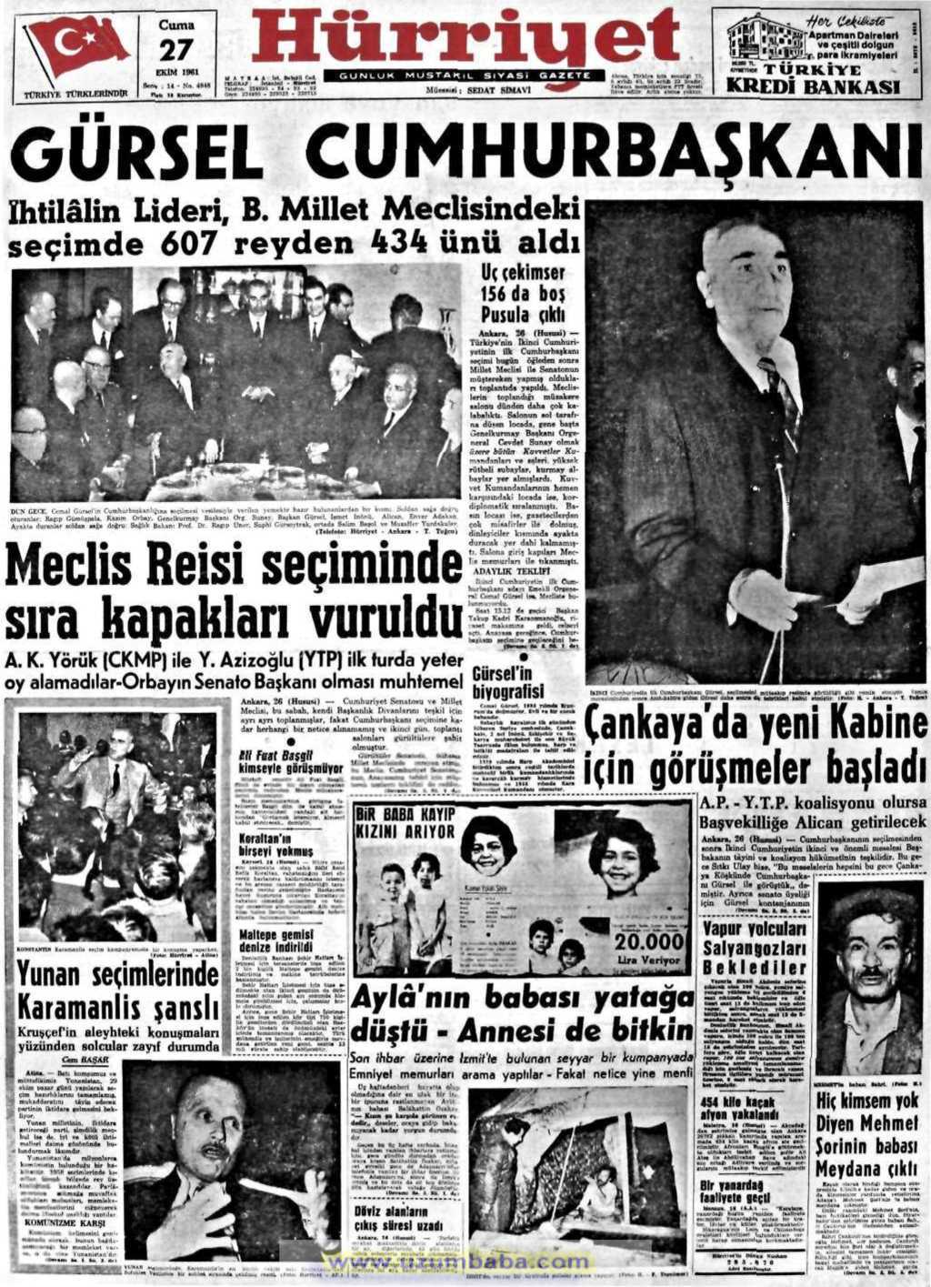 Hürriyet gazetesi 27 ekim 1961