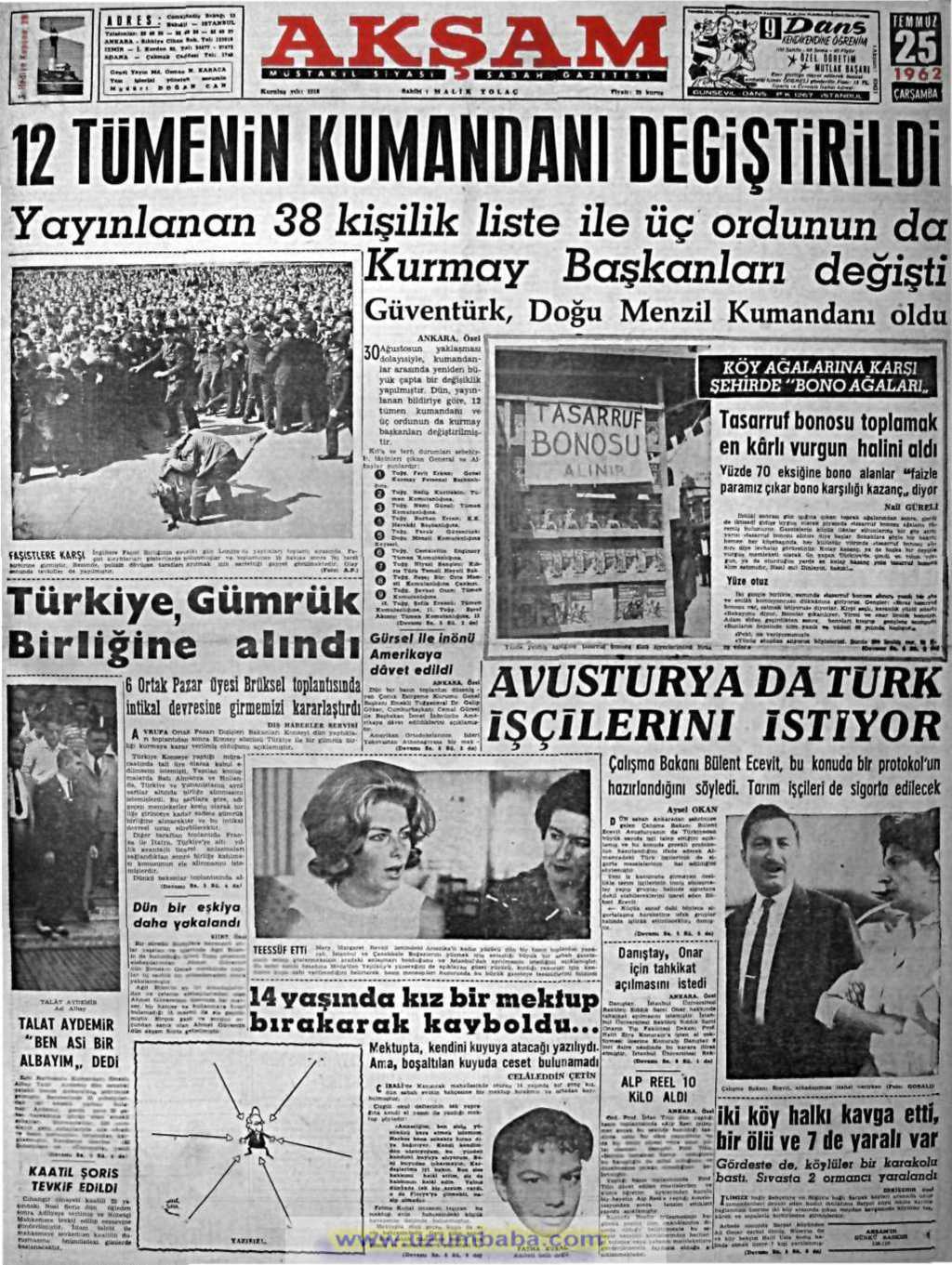 Akşam gazetesi 25 temmuz 1962