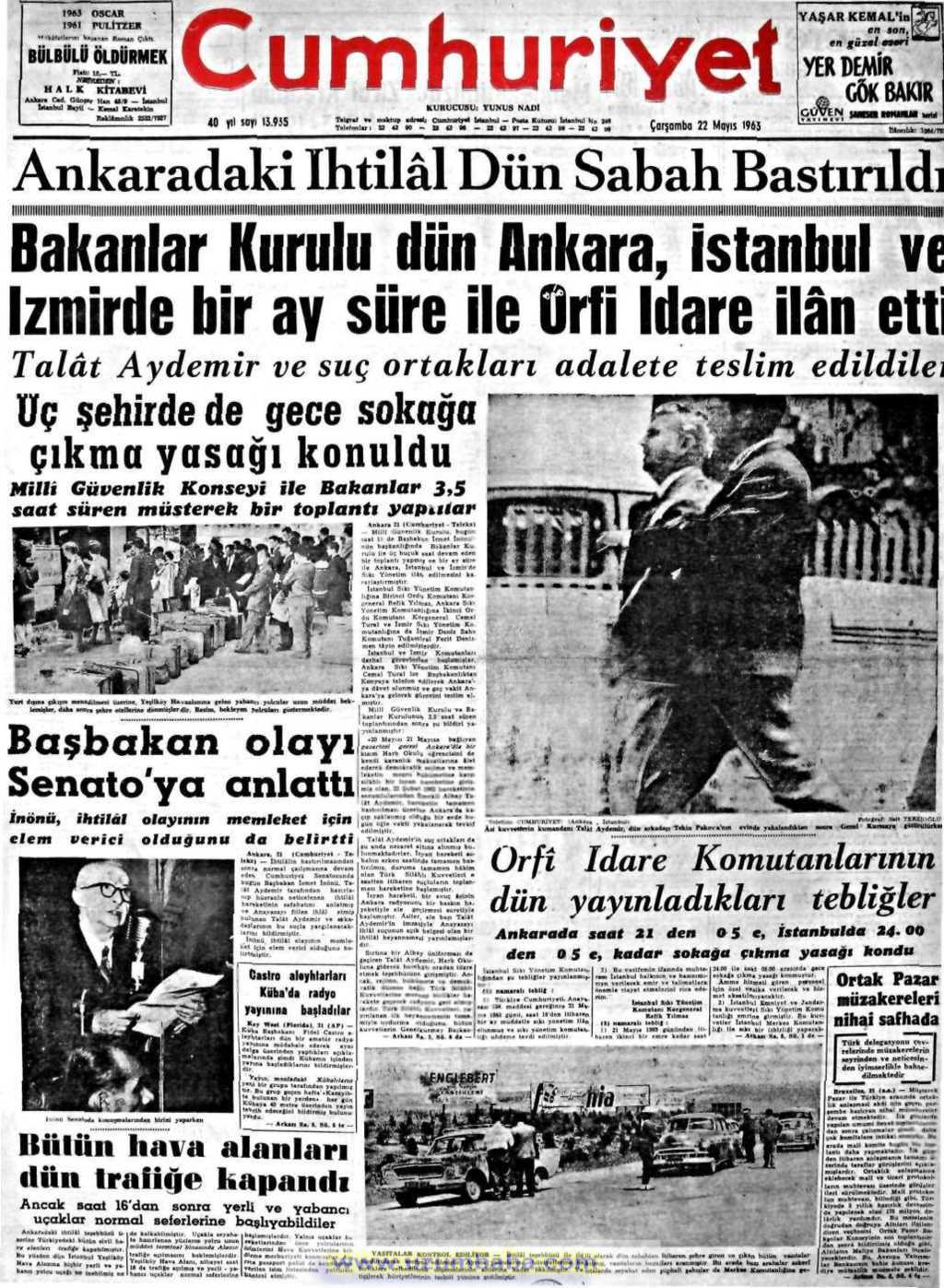 Cumhuriyet gazetesi 22 mayıs 1963