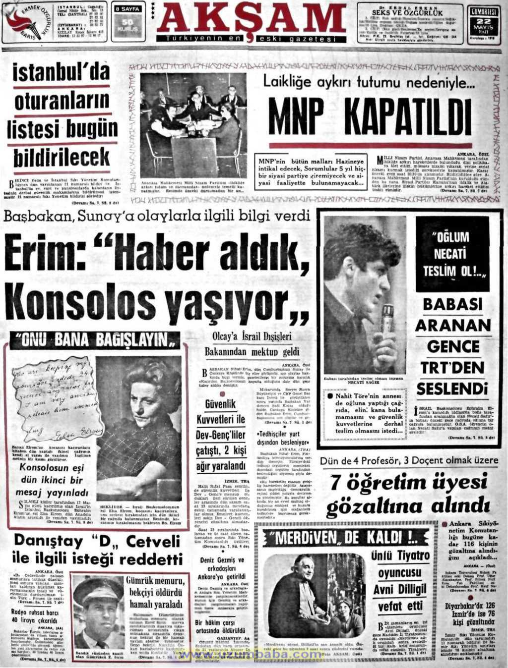 Akşam gazetesi 22 mayıs 1971