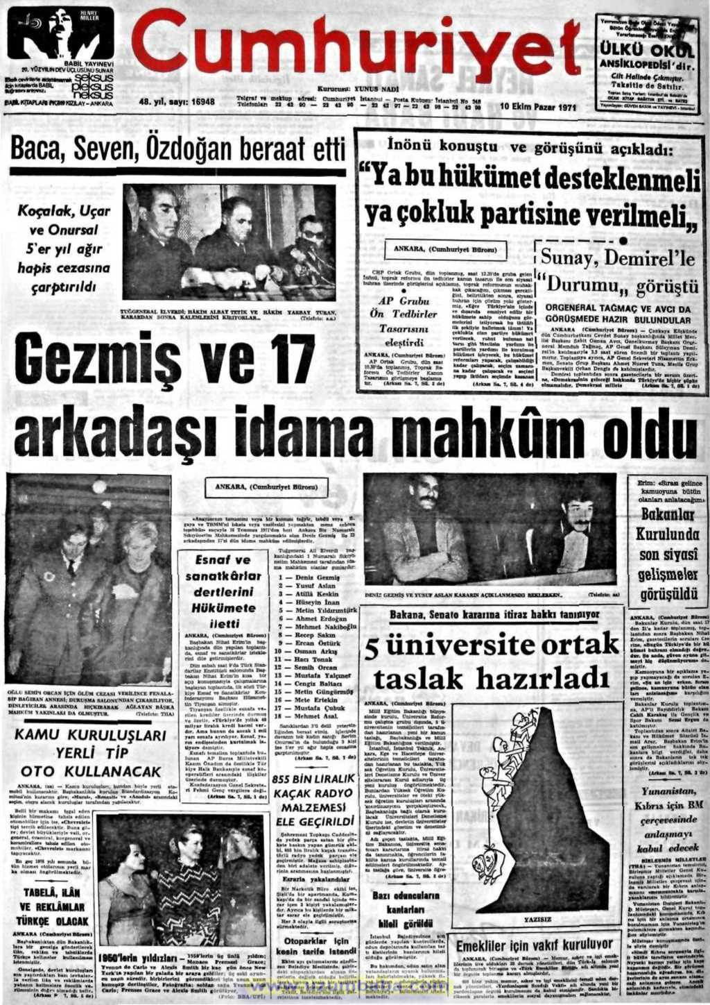 Cumhuriyet gazetesi 10 ekim 1971