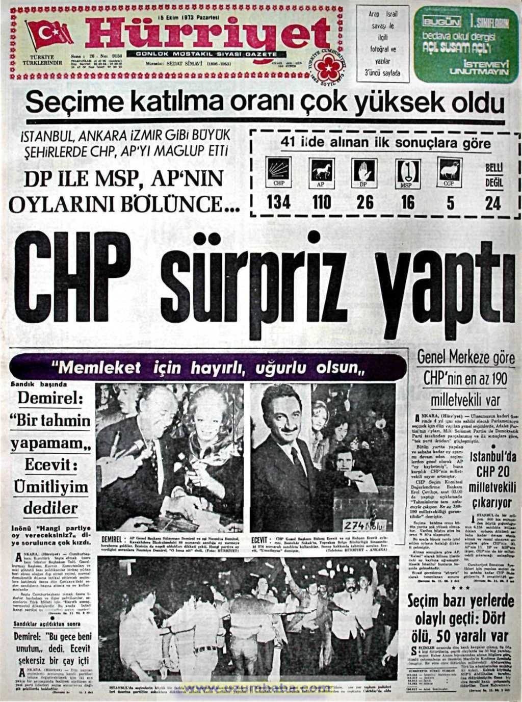 Hürriyet gazetesi 15 ekim 1973