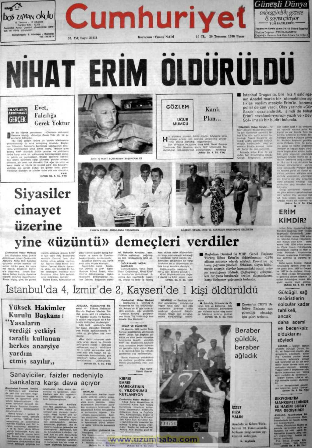 Cumhuriyet gazetesi 20 temmuz 1980