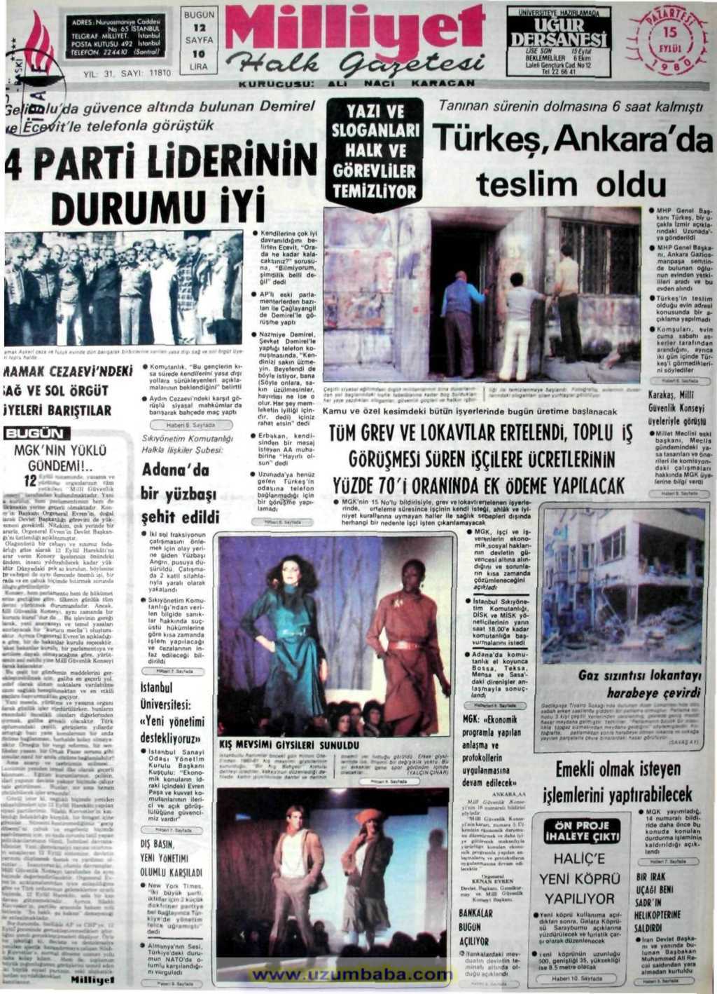 Milliyet gazetesi 15 eylül 1980