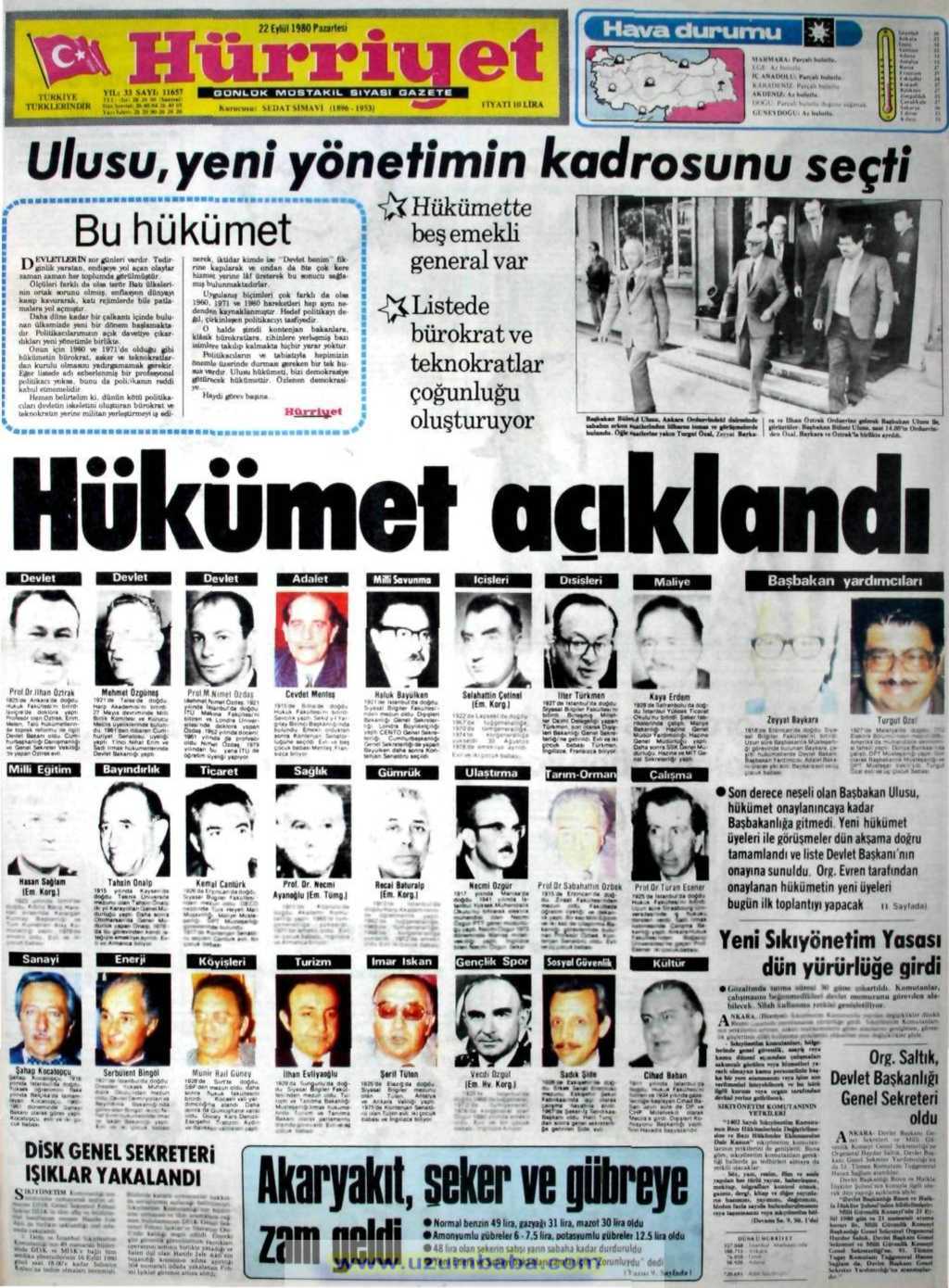 Hürriyet gazetesi 22 eylül 1980