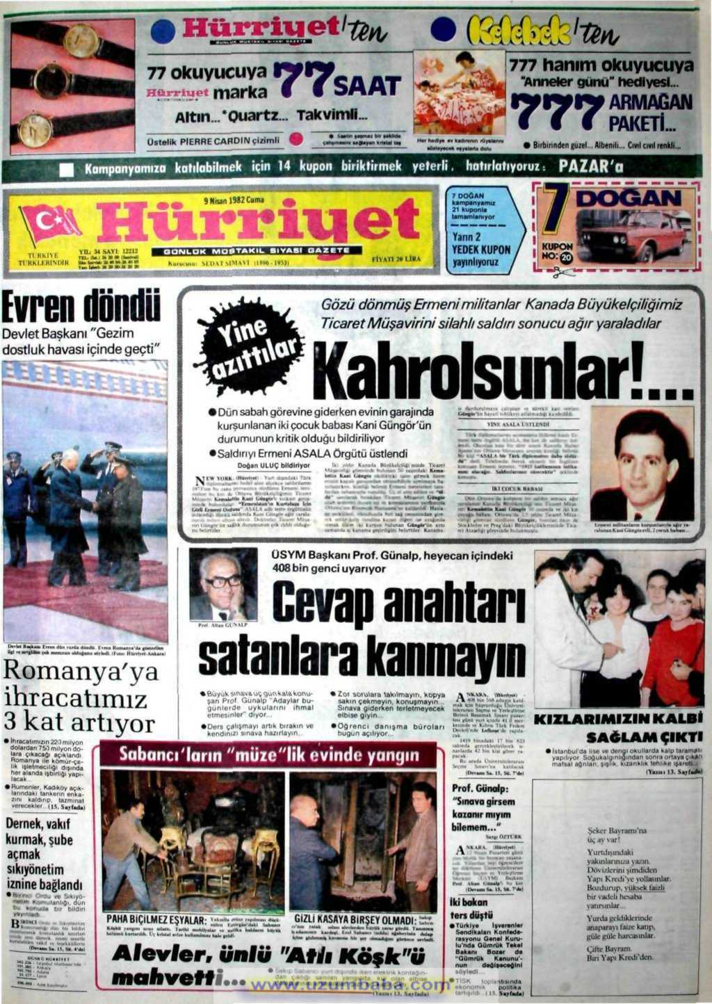 Hürriyet gazetesi 9 nisan 1982