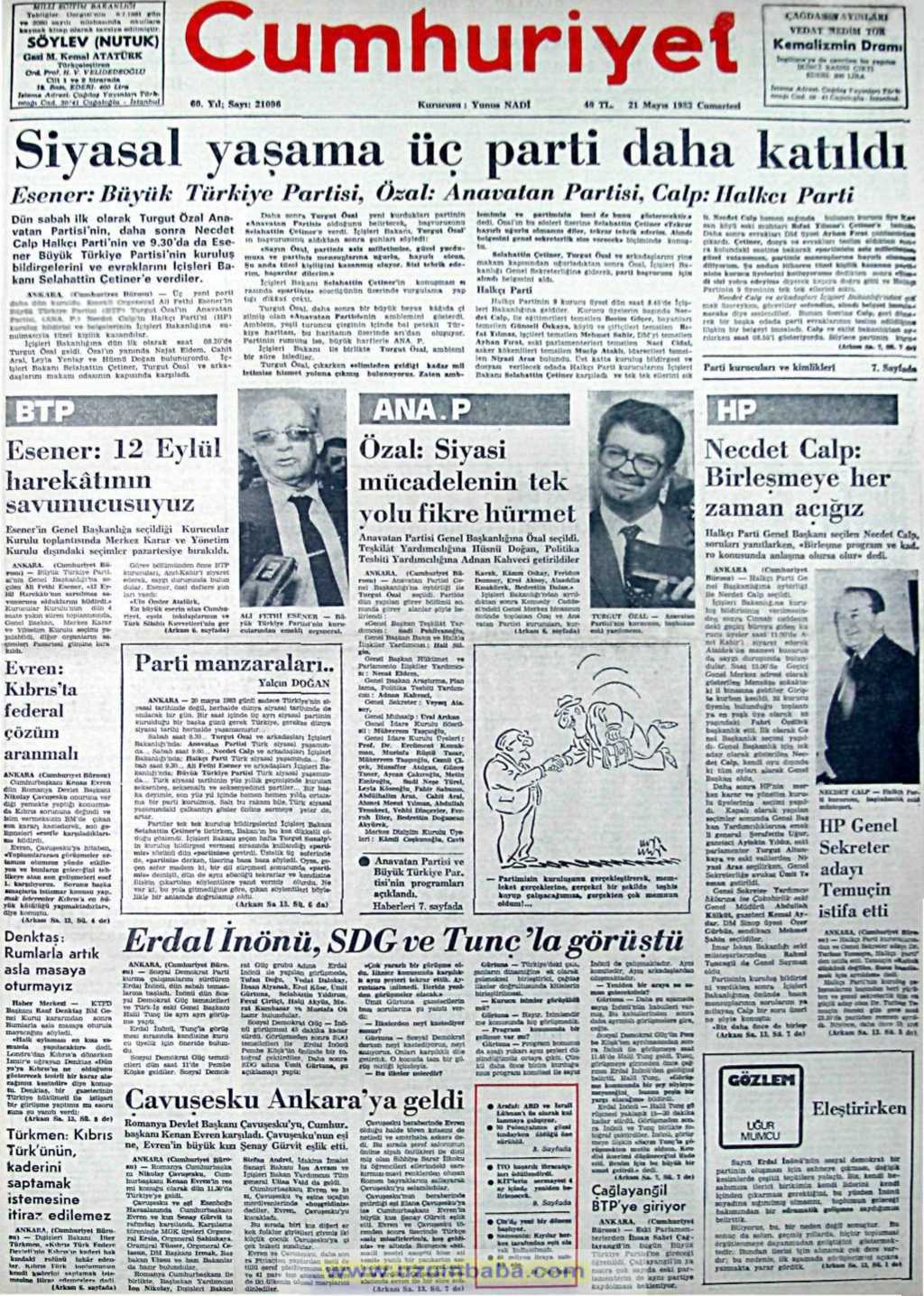 Cumhuriyet gazetesi 21 mayıs 1983