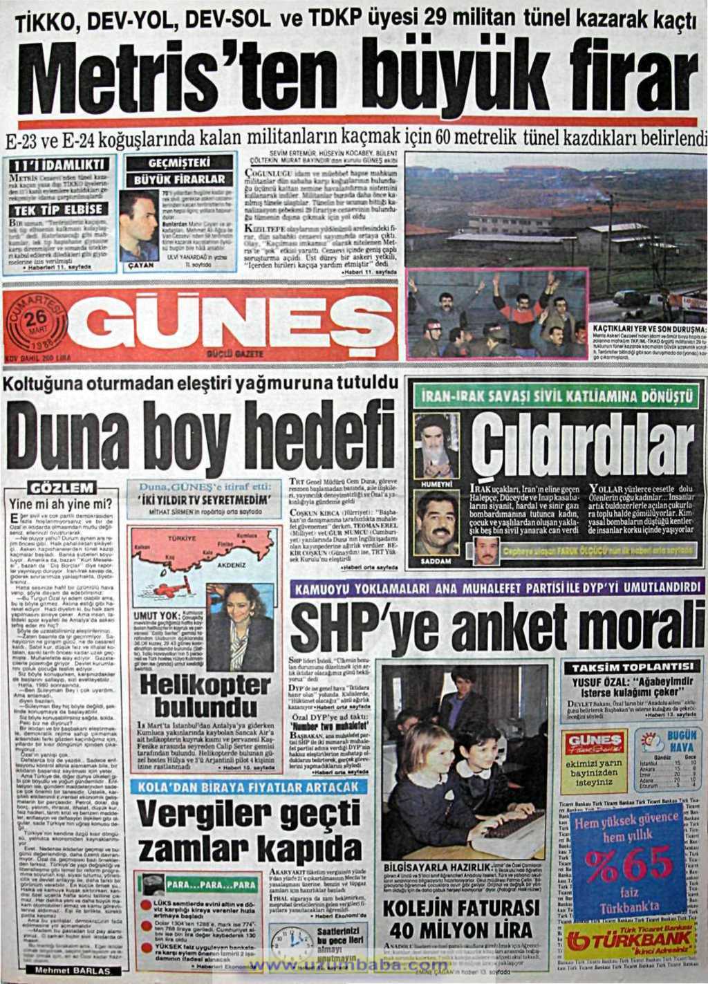 Güneş gazetesi 26 mart 1988