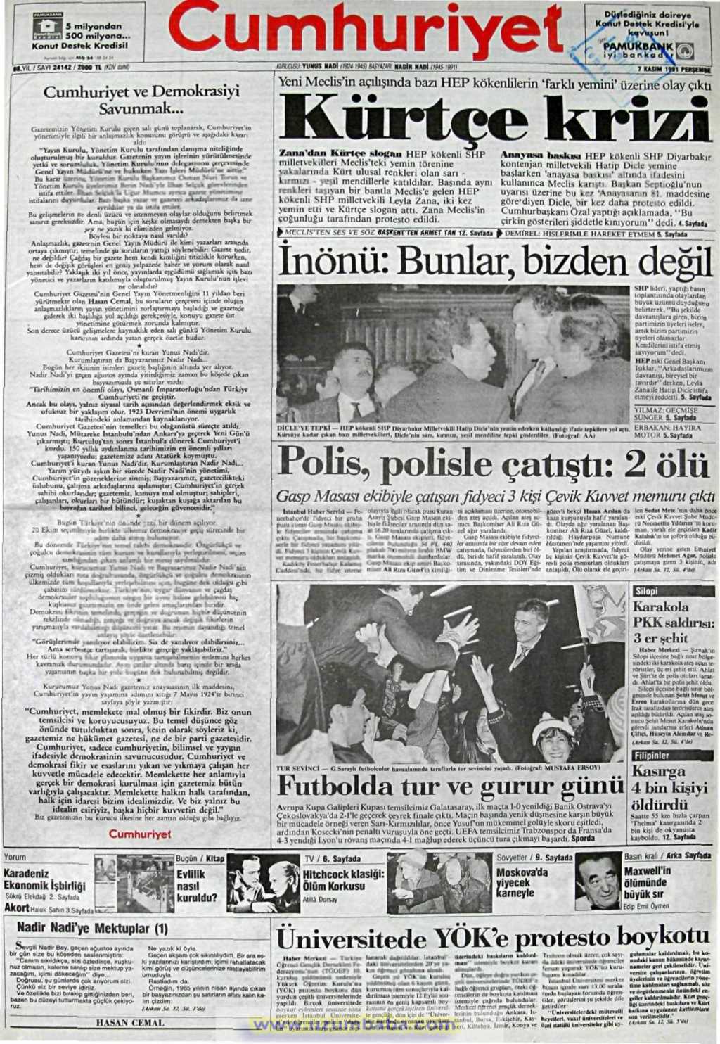 Cumhuriyet gazetesi 7 kasım 1991