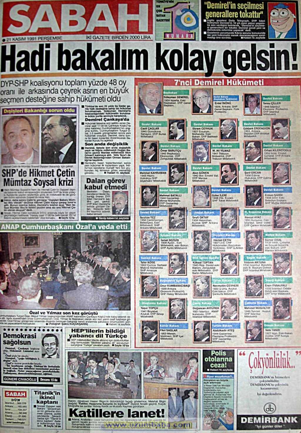 Sabah gazetesi 21 kasım 1991