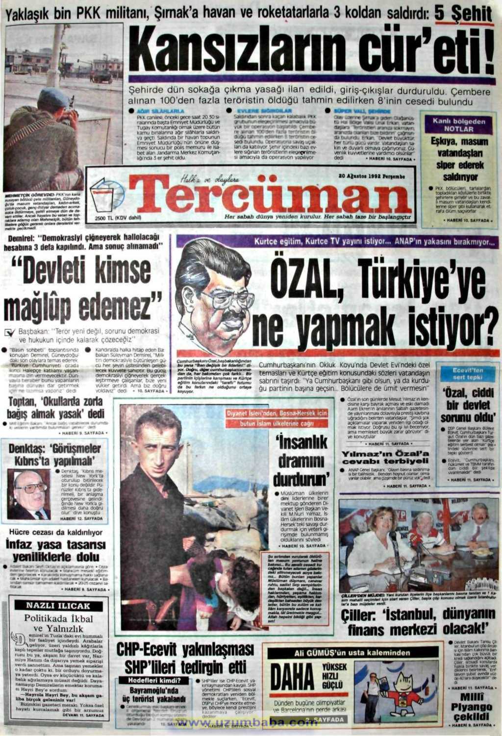 Tercüman gazetesi 20 ağustos 1992