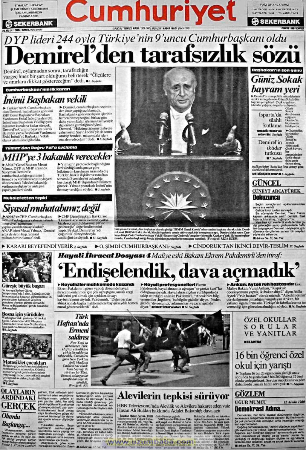 Cumhuriyet gazetesi 17 mayıs 1993