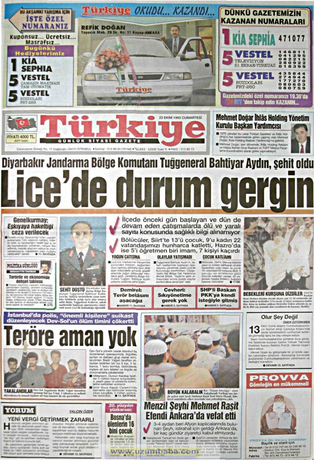 Tercüman gazetesi 23 ekim 1993